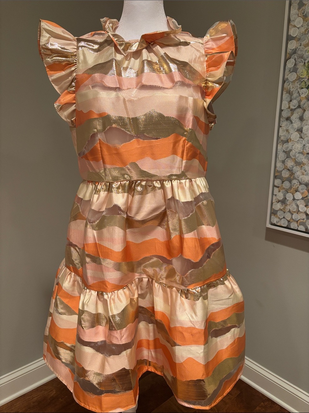 Marie Oliver Orange, Gold & Cream Striped Ruffle Dress